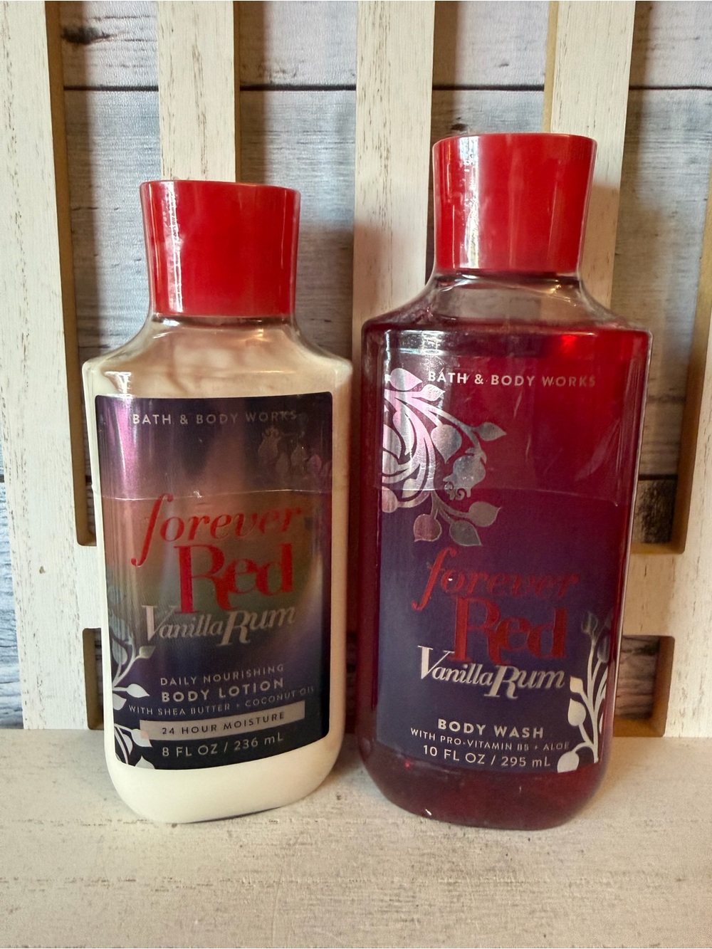 Bath & Body Works FOREVER RED VANILLA RUM 10oz Body Wash 8oz Body Lotion Set X2